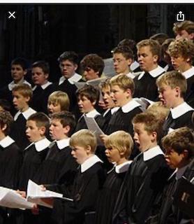 Foto di un coro di bambini vestiti con una tunica nera dal colletto bianco. Cantano guardando chi davanti a se, chi lo spartito che ognuno di essi tiene in mano. Lo sfondo dell'immagine è nero.
